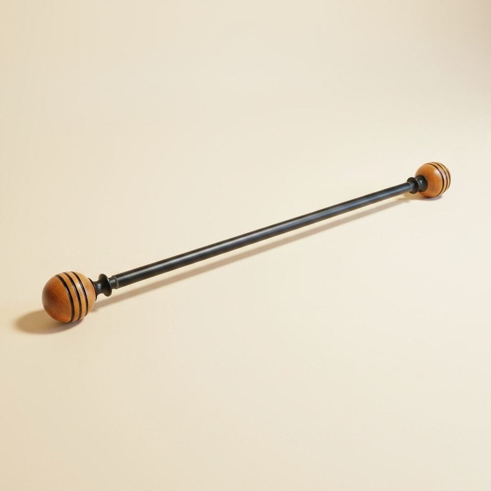 Vintage Black Metal Curtain Rod-Wood Ball Finials-Adjustable-Drapery-Rustic-Farm